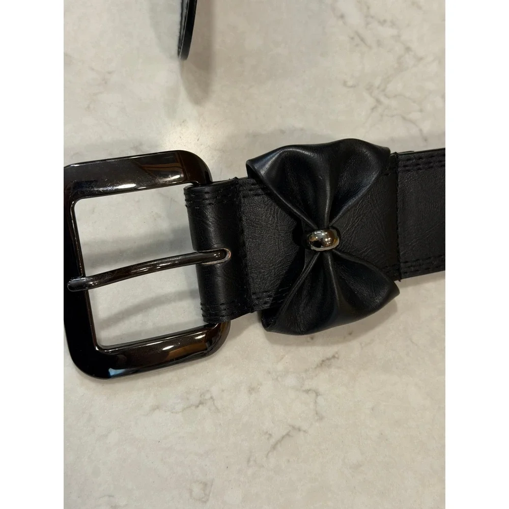 Betsey Johnson Womens Black Bow Belt Leopard Print Lining Gunmetal Buckle